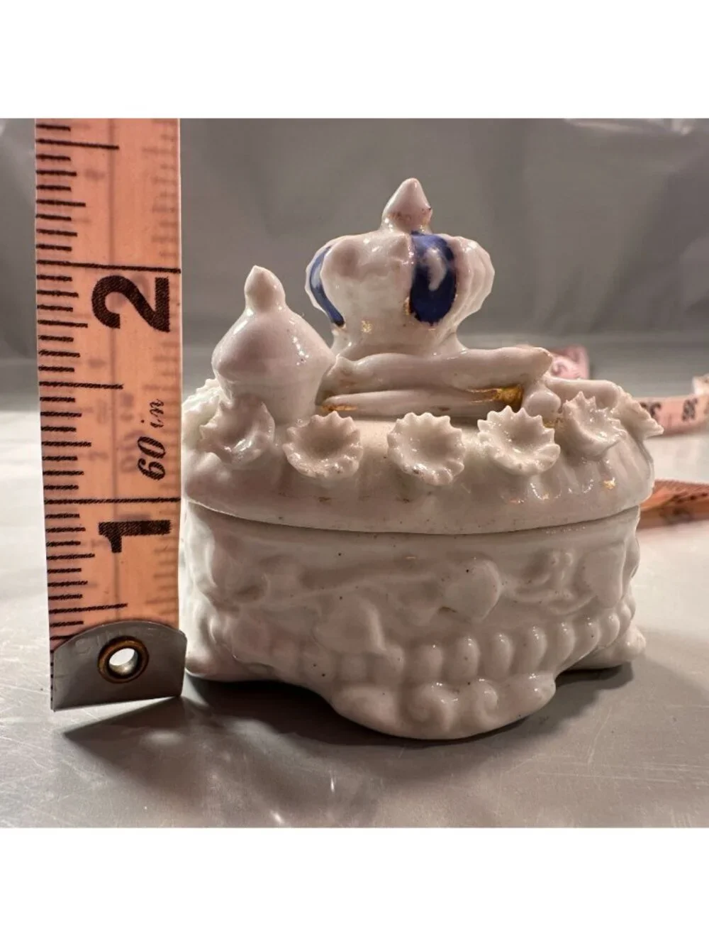 Fairing Box Crown Scepter Floral Vintage Trinket Box Porcelain Lid Antique